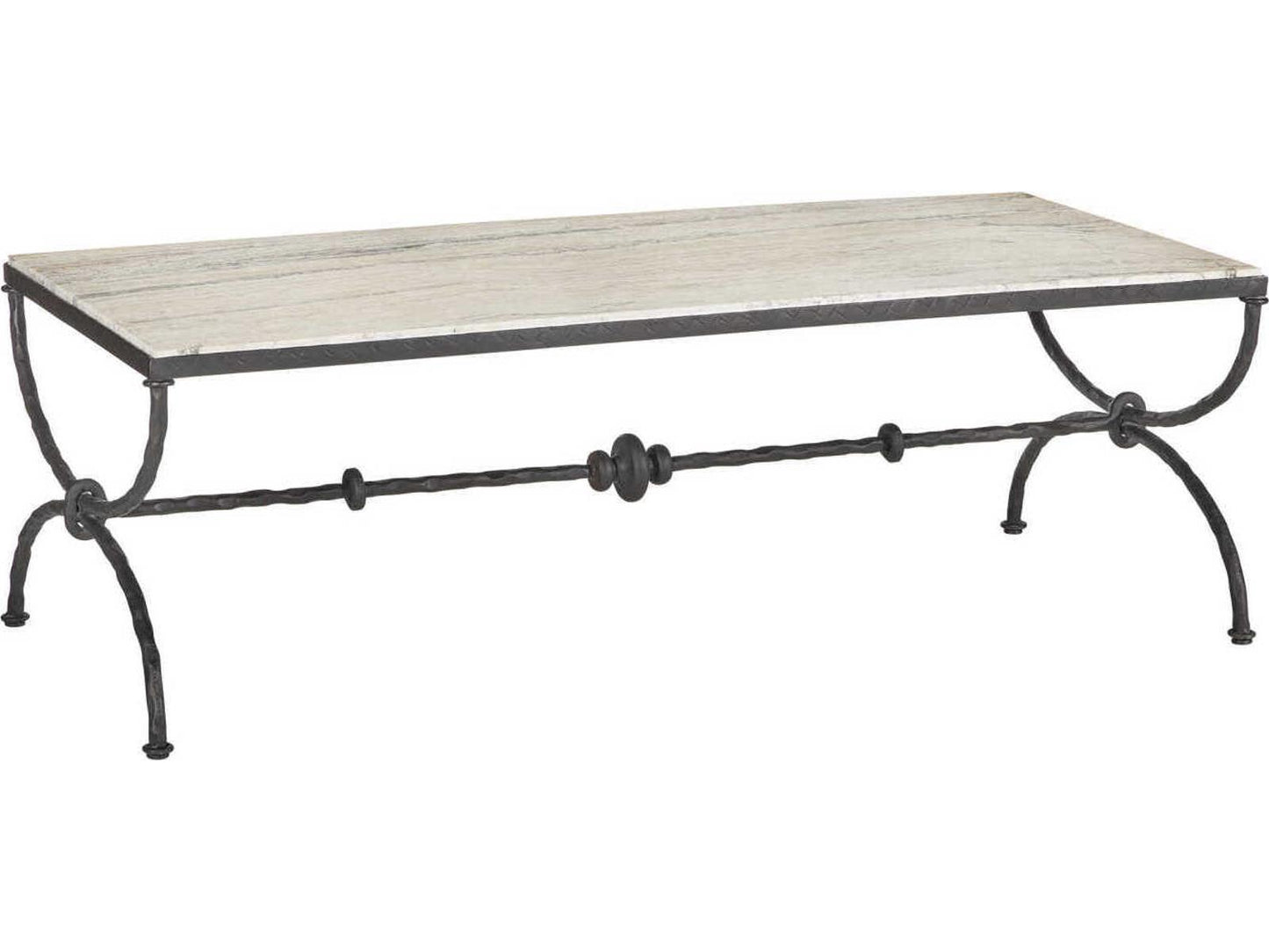 Currey and Company Agora Rectangle Coffee Table White Travertine Rustic Bronze