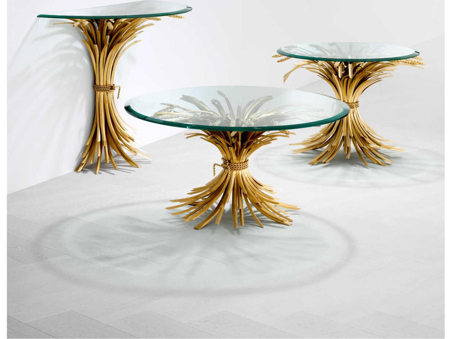 Bonheur Round Coffee Table in Antique Gold with Beveled Glass Top
