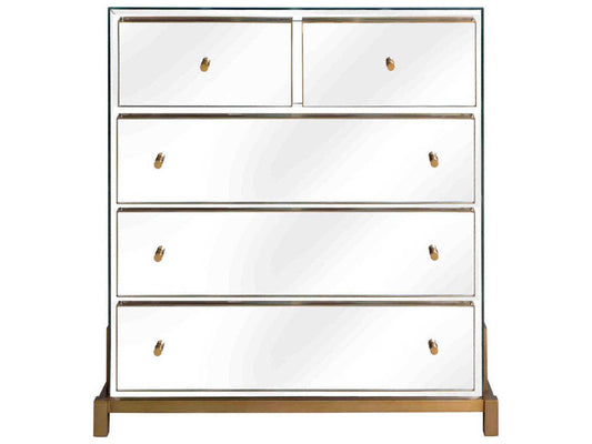 Clarington 5-Drawer Mirrored Chest with Brushed Brass Accents