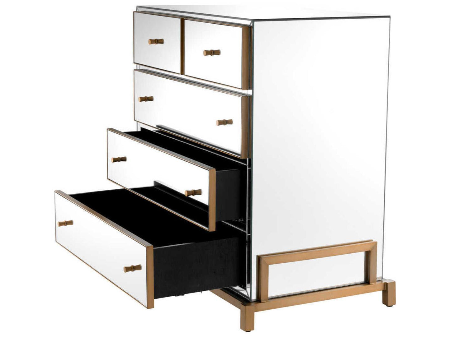Clarington 5-Drawer Mirrored Chest with Brushed Brass Accents