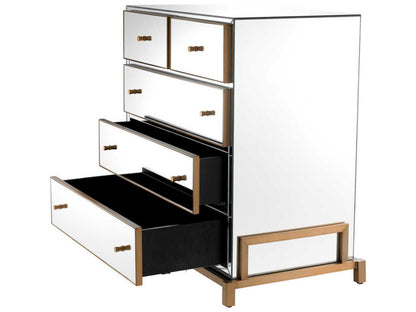 Clarington 5-Drawer Mirrored Chest with Brushed Brass Accents