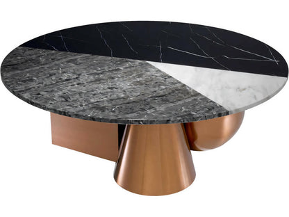 Tricolori Round Coffee Table with Brushed Copper Base and Faux Marble Top