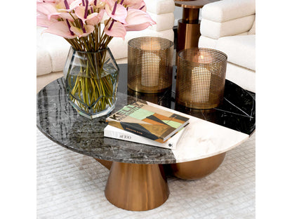Tricolori Round Coffee Table with Brushed Copper Base and Faux Marble Top