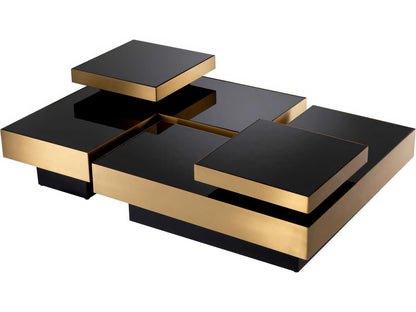 Nio Set of 4 Coffee Tables with Black Glass and Brushed Brass Finish