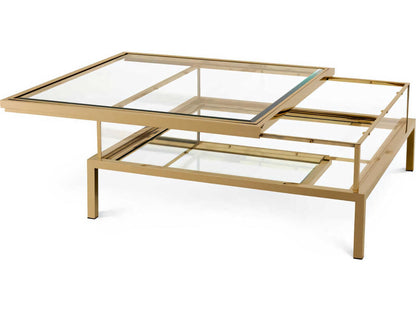 Harvey Square Coffee Table with Sliding Glass Top in Brushed Brass