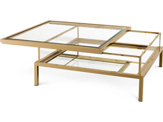 Harvey Square Coffee Table with Sliding Glass Top in Brushed Brass