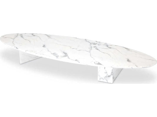Aurore Oval Coffee Table White Faux Marble with Block Legs