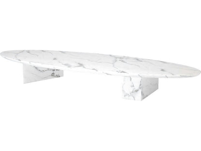 Aurore Oval Coffee Table White Faux Marble with Block Legs