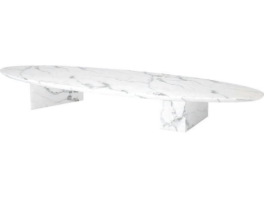 Aurore Oval Coffee Table White Faux Marble with Block Legs
