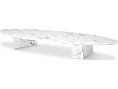 Aurore Oval Coffee Table White Faux Marble with Block Legs