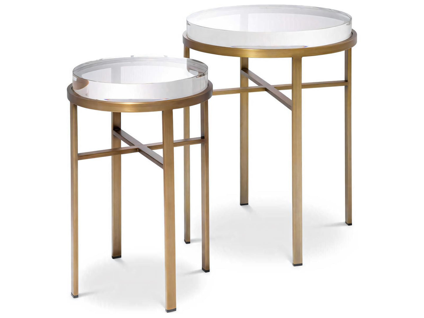 Hoxton Set of 2 Round Side Tables with Brushed Brass Finish and Glass Tops