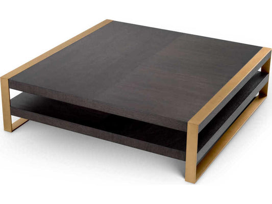 Guinness 59-Inch Square Coffee Table in Mocha Oak Veneer and Brushed Brass