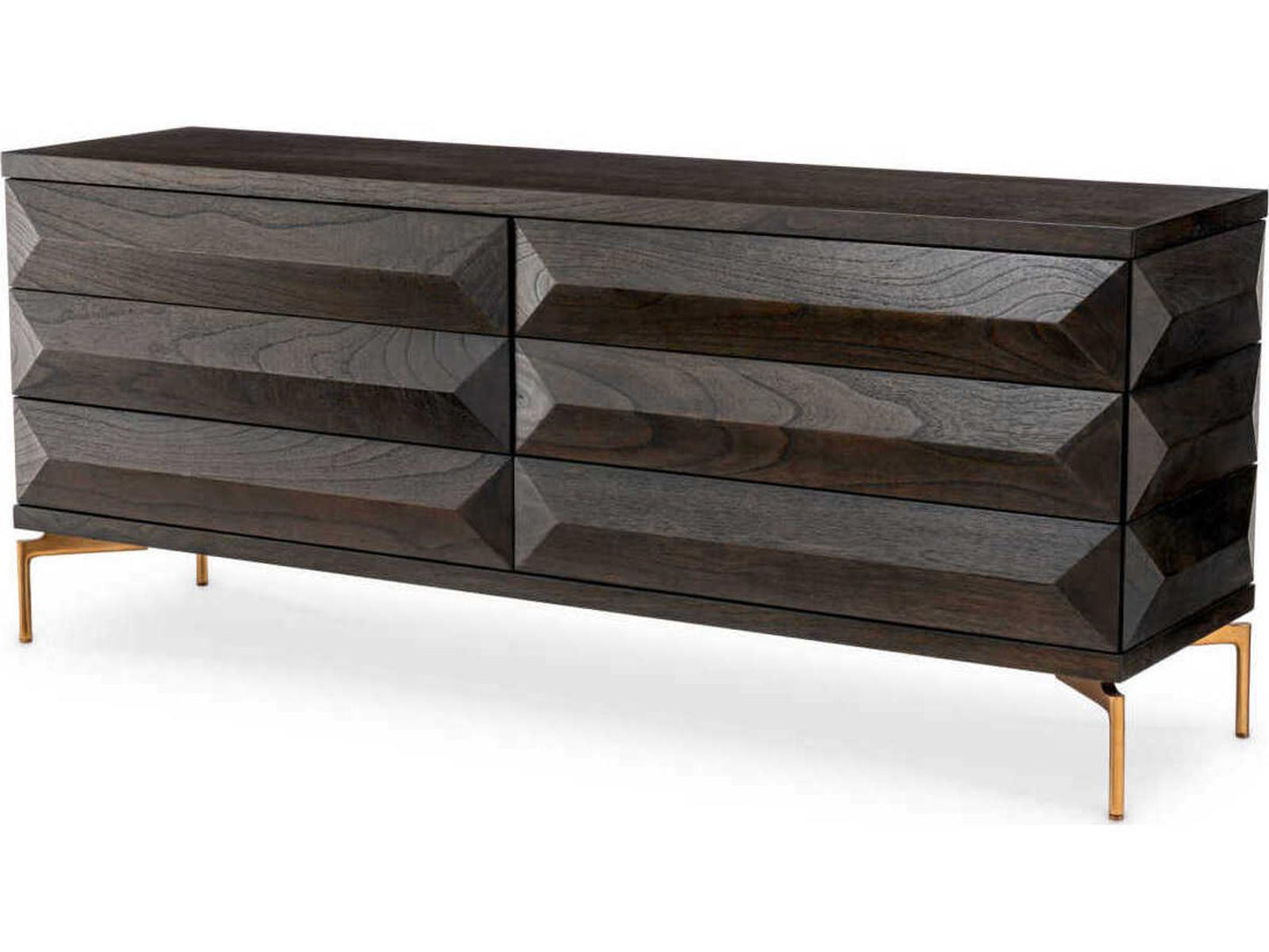 Denver 6-Drawer Dresser in Mocha Oak Veneer with Brushed Brass Legs