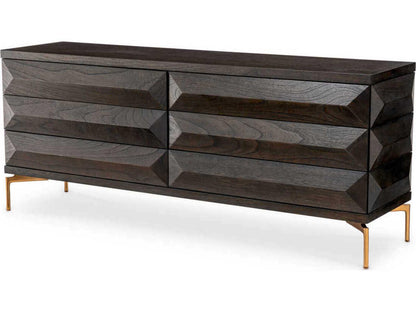 Denver 6-Drawer Dresser in Mocha Oak Veneer with Brushed Brass Legs