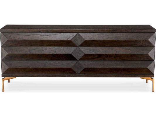 Denver 6-Drawer Dresser in Mocha Oak Veneer with Brushed Brass Legs