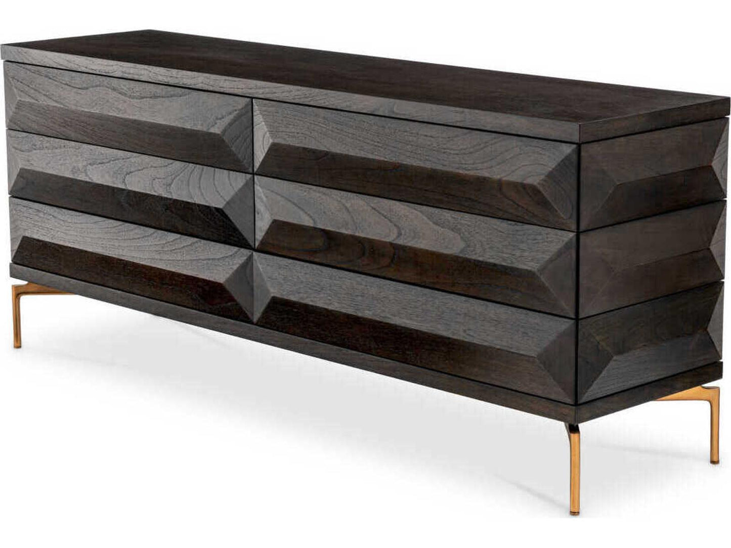 Denver 6-Drawer Dresser in Mocha Oak Veneer with Brushed Brass Legs