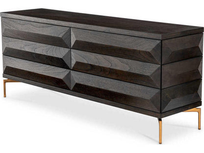 Denver 6-Drawer Dresser in Mocha Oak Veneer with Brushed Brass Legs