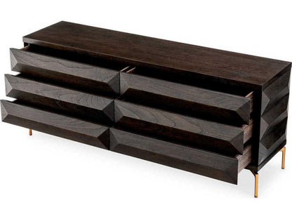 Denver 6-Drawer Dresser in Mocha Oak Veneer with Brushed Brass Legs