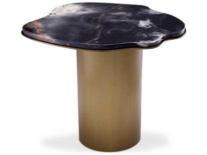 Forma Brushed Brass Grey Marble Side Table with Oak Veneer Tray