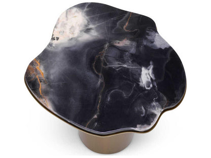 Forma Brushed Brass Grey Marble Side Table with Oak Veneer Tray