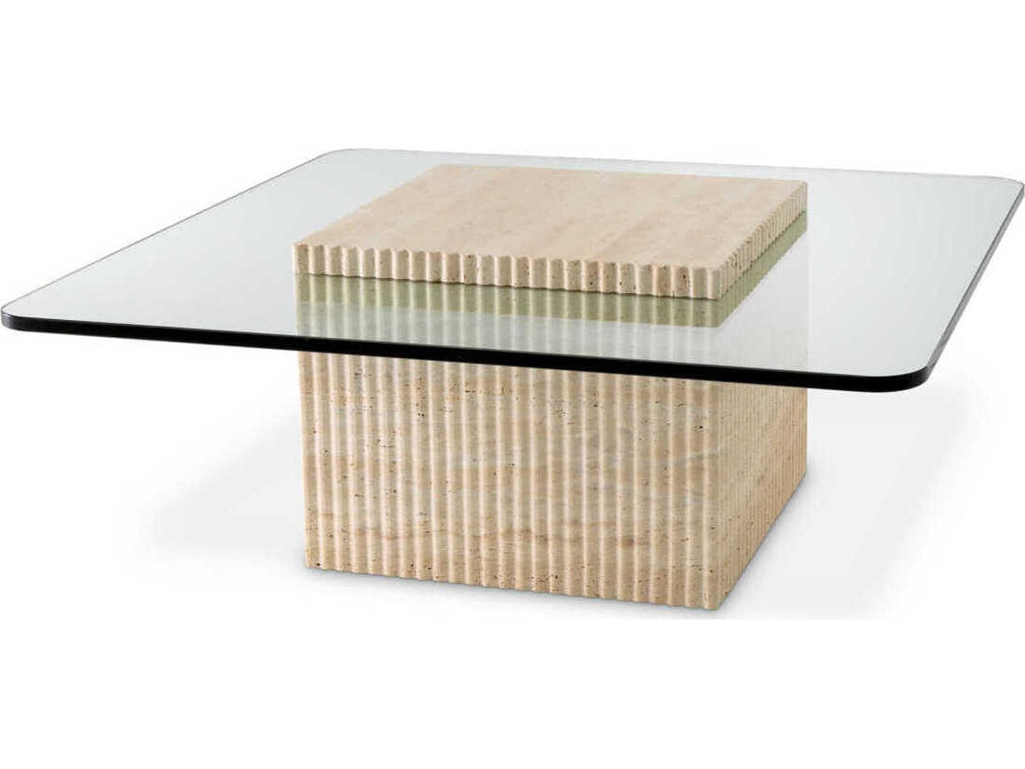 Brindisi Square Travertine Coffee Table with Clear Glass Top
