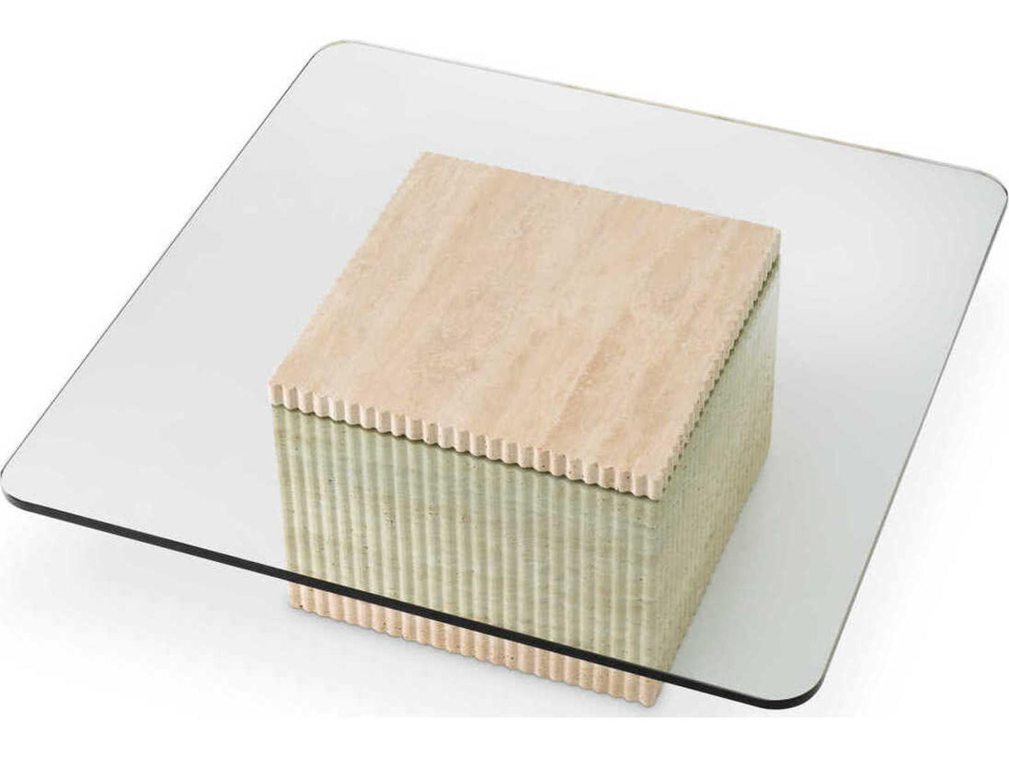 Brindisi Square Travertine Coffee Table with Clear Glass Top