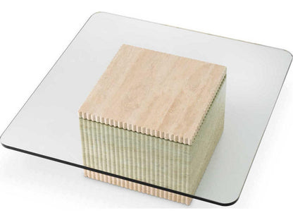 Brindisi Square Travertine Coffee Table with Clear Glass Top