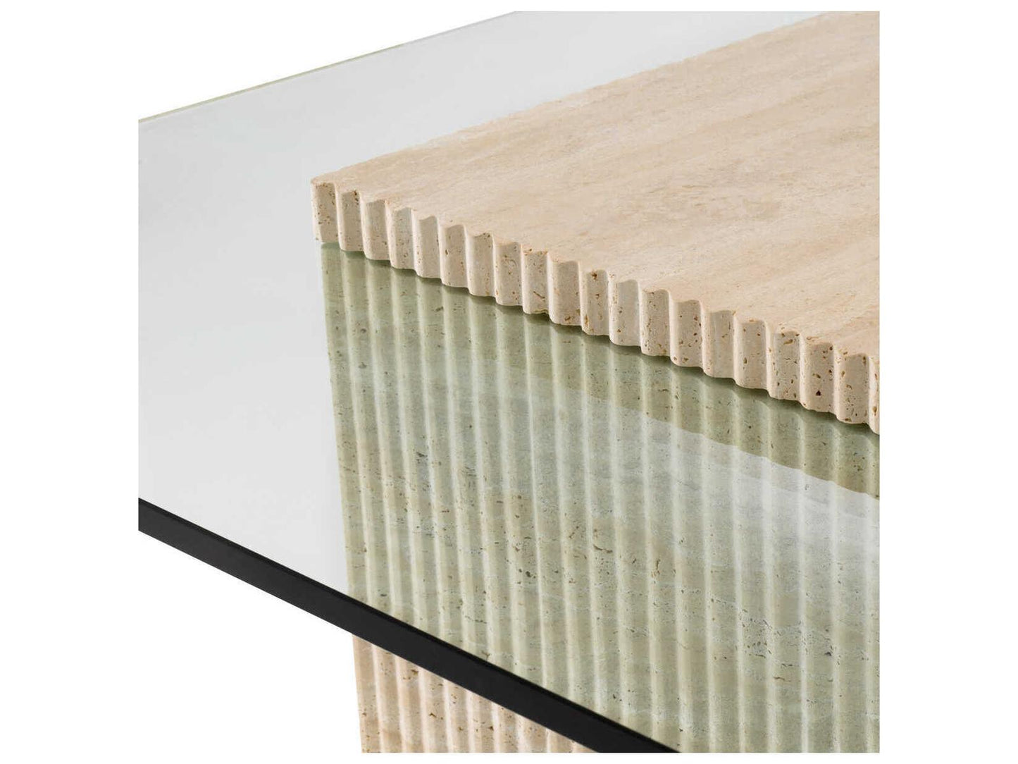 Brindisi Square Travertine Coffee Table with Clear Glass Top