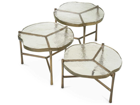 Baldovini Set of 3 Round Coffee Tables in Vintage Brass and Handmade Glass