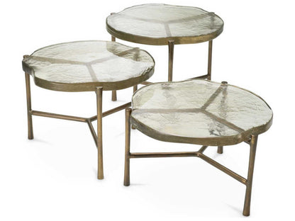 Baldovini Set of 3 Round Coffee Tables in Vintage Brass and Handmade Glass