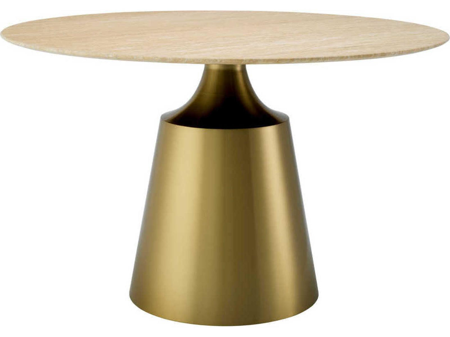 Nathan Round Dining Table with Brushed Brass Base and Travertine Top