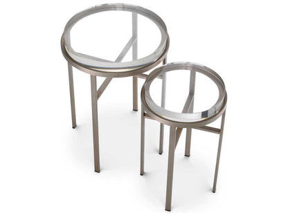 Hoxton Round Nesting Side Table Set in Brushed Steel with Clear Glass