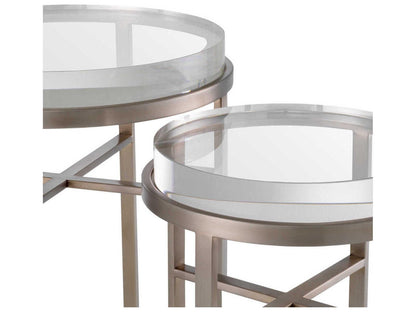 Hoxton Round Nesting Side Table Set in Brushed Steel with Clear Glass