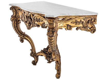 Rococo Rectangular Console Table with Antique Gold Finish and White Marble