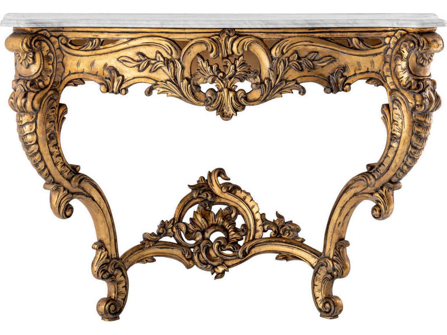 Rococo Rectangular Console Table with Antique Gold Finish and White Marble