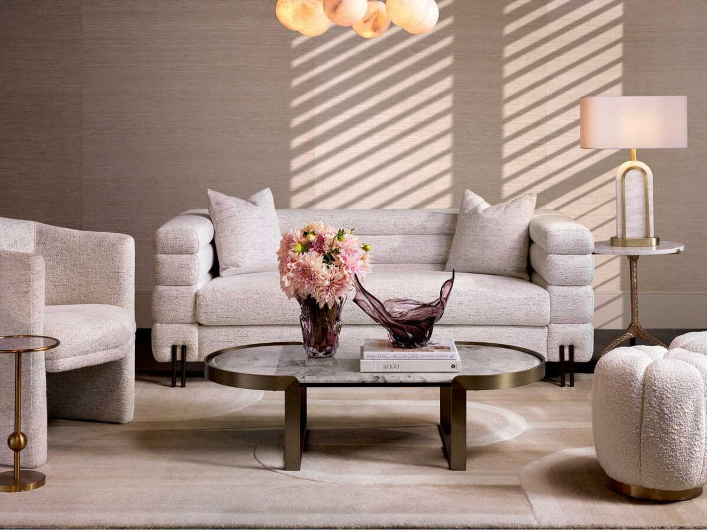 Fabio Oval Coffee Table in Brushed Brass with Barcelona Marble