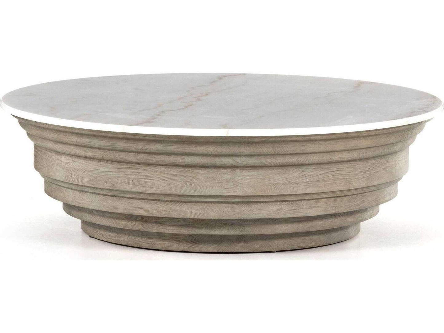 Hughes Caldwell Round Coffee Table in Weathered Blonde Pine and White Marble