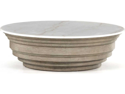 Hughes Caldwell Round Coffee Table in Weathered Blonde Pine and White Marble