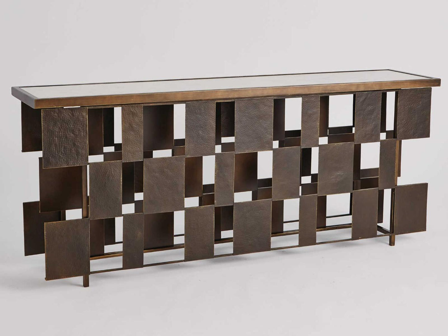 Layered Console Table with White Marble Top and Bronze Gold Accents