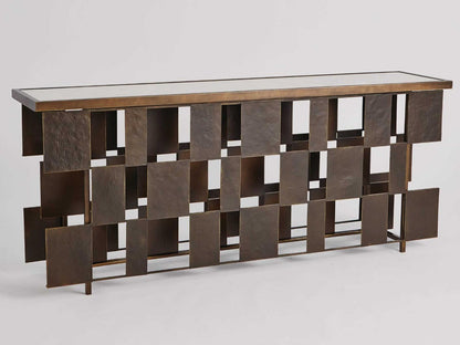 Layered Console Table with White Marble Top and Bronze Gold Accents