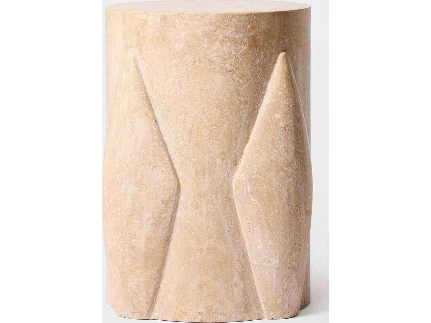 Tusk Round Honed Travertine End Table with Hand-Carved Ridges