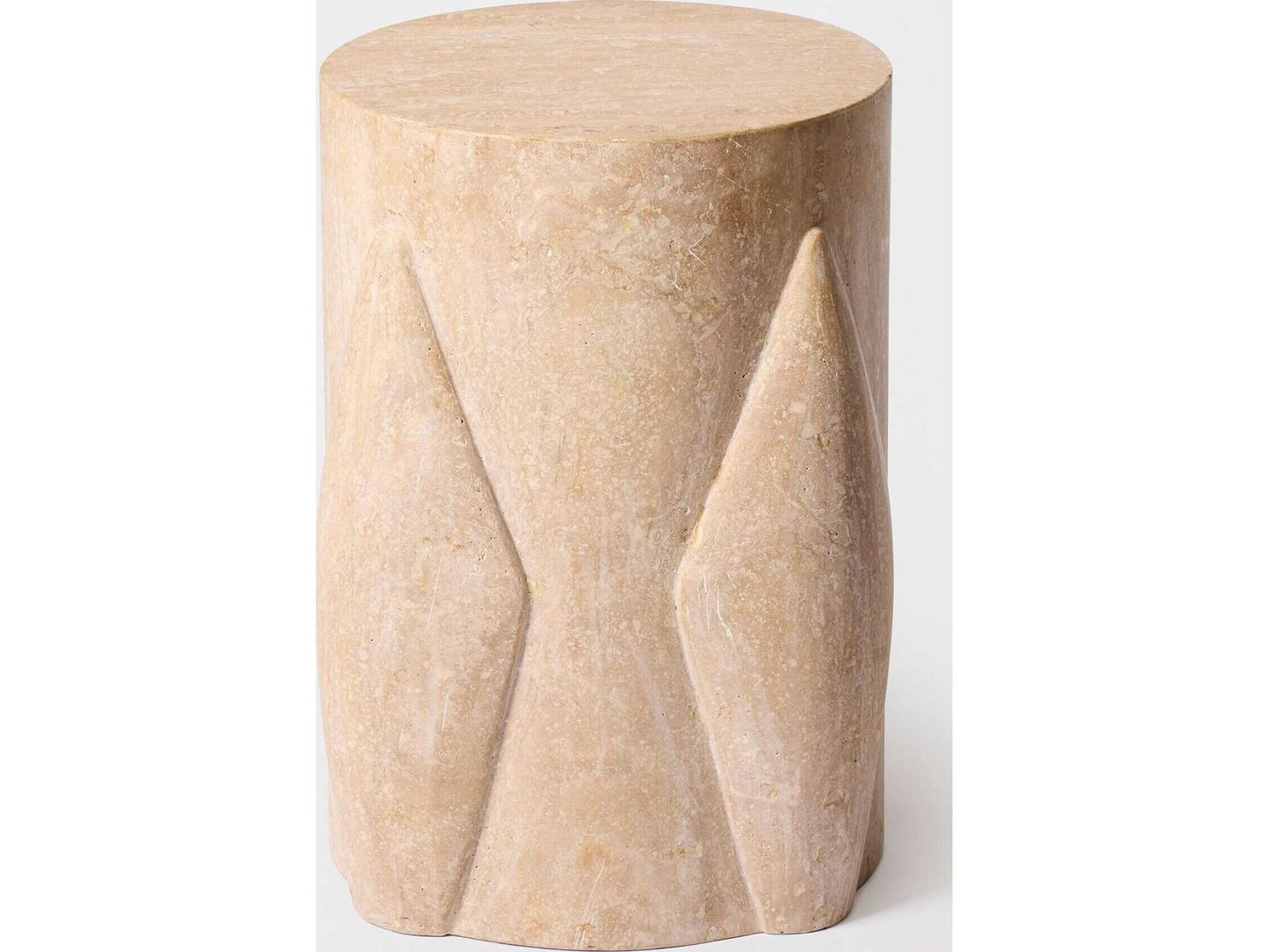 Tusk Round Honed Travertine End Table with Hand-Carved Ridges