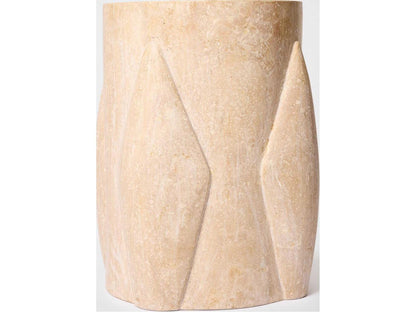 Tusk Round Honed Travertine End Table with Hand-Carved Ridges
