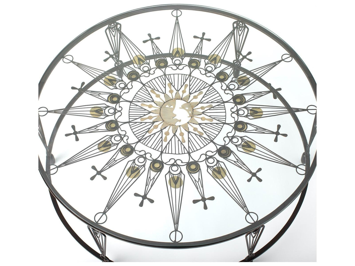 Soleil Round Glass Coffee Table with Gunmetal and Brass Finish