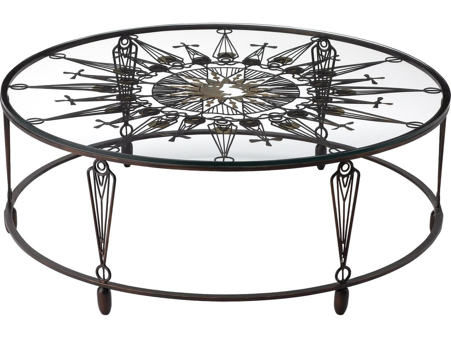 Soleil Round Glass Coffee Table with Gunmetal and Brass Finish
