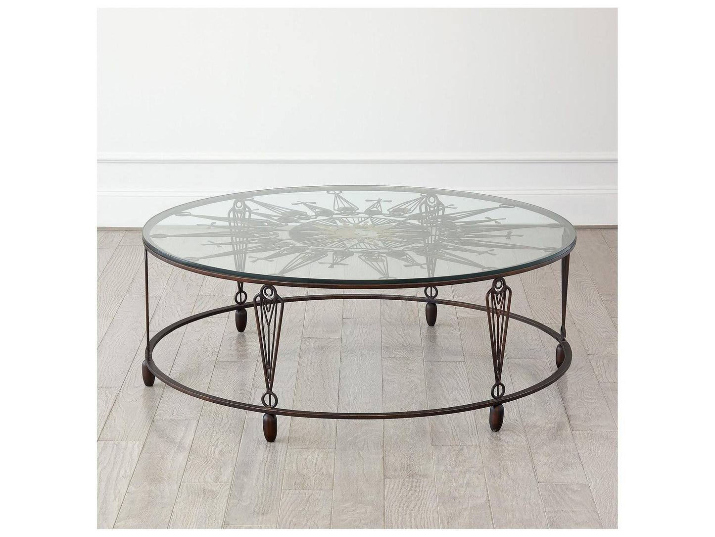 Soleil Round Glass Coffee Table with Gunmetal and Brass Finish