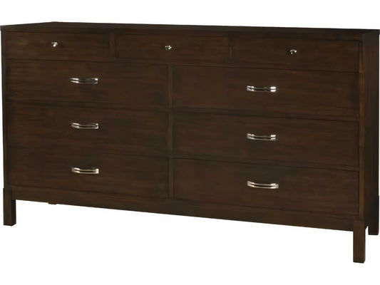 9-Drawer Triple Dresser in Brown Mahogany Wood