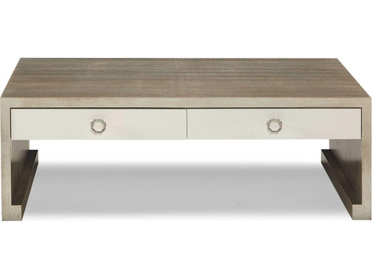 Trellis Rectangular Wood Coffee Table with Two Drawers in Silver Fox