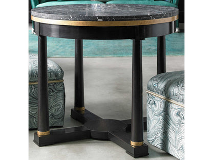Journey The World Round Stone End Table with Black Tie Lacquer Finish