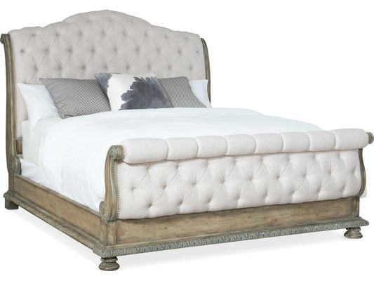 Castella King Tufted Bed in Natural Tan Performance Fabric